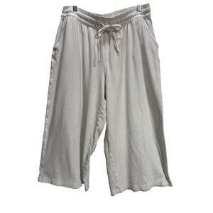 Lands End Sport Knit Crop Pants Womens Large White Cotton Wide Leg Drawstring